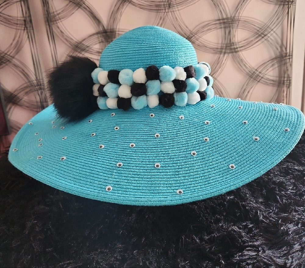 Elegant Blue Wide-Brim Hat with Pom Pom Detail